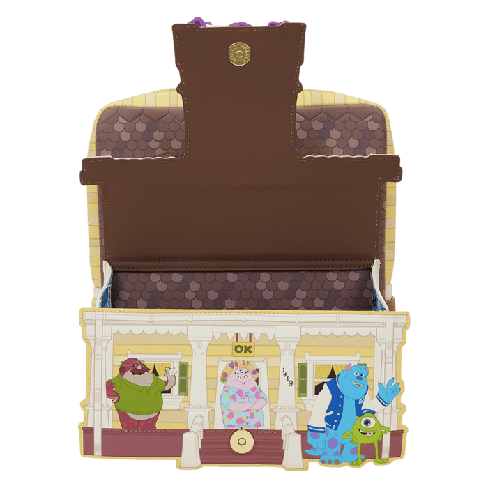 Open Loungefly Monsters University scare house mini backpack showing front flap pocket