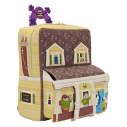 Side view of Loungefly Monsters University scare house mini backpack with house design