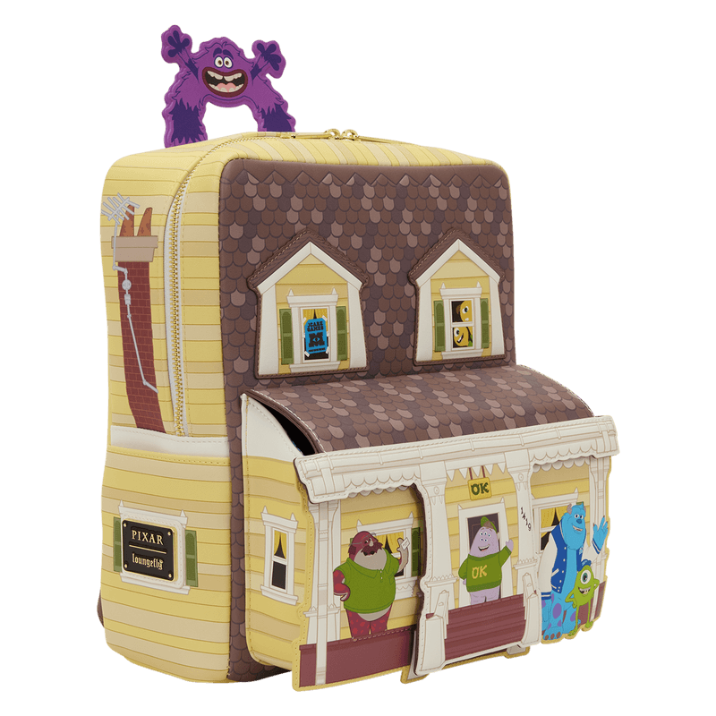 Side view of Loungefly Monsters University scare house mini backpack with house design