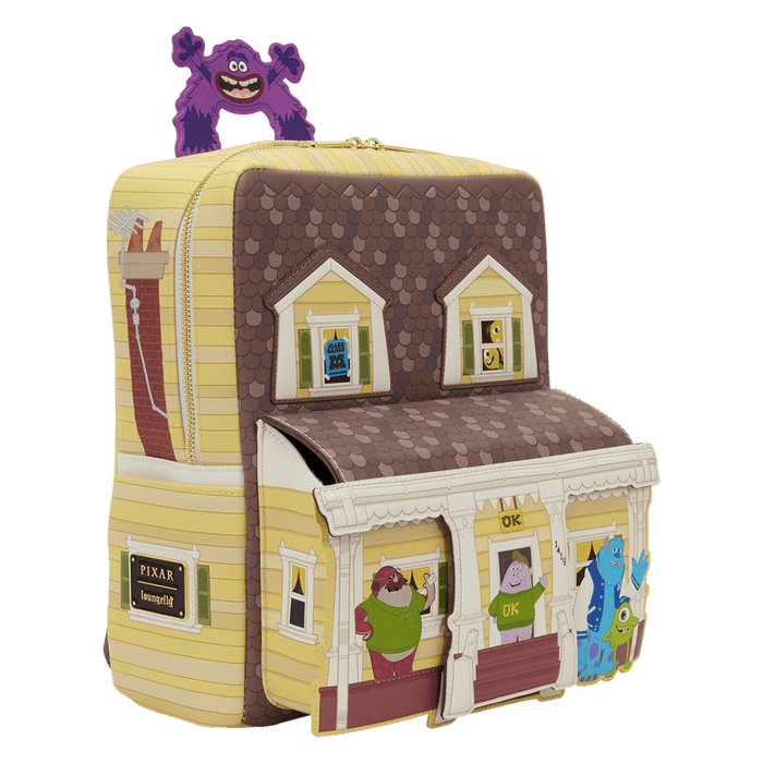 Side view of Loungefly Monsters University scare house mini backpack with house design