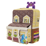 Front view of Loungefly Monsters University scare house mini backpack with character artwork
