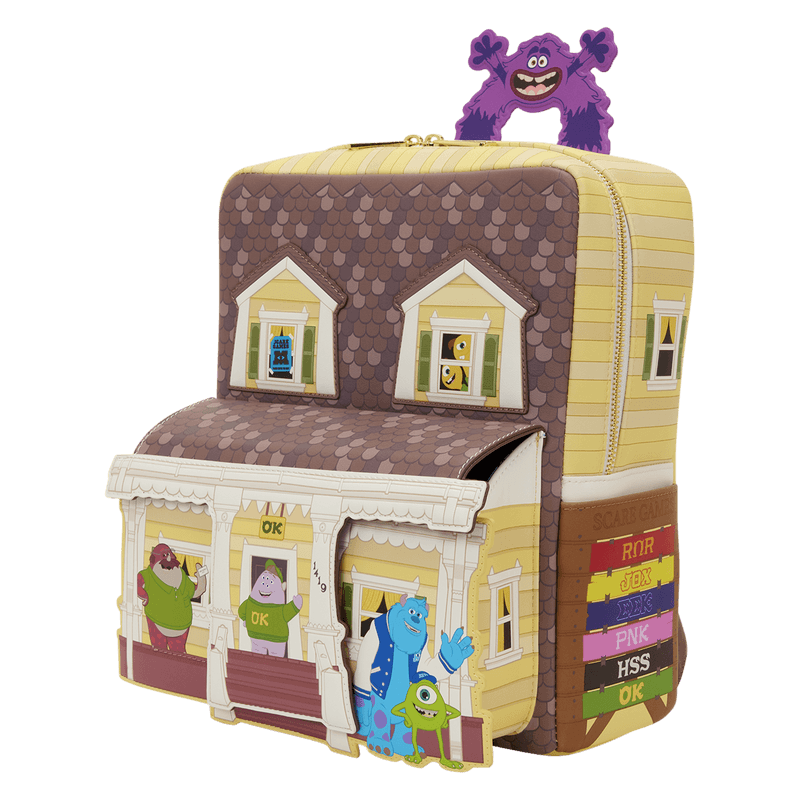 Front view of Loungefly Monsters University scare house mini backpack with character artwork