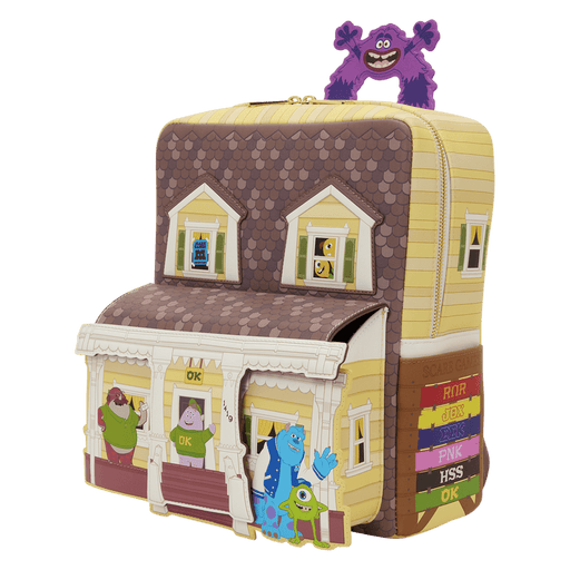 Front view of Loungefly Monsters University scare house mini backpack with character artwork