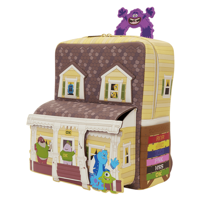 Front view of Loungefly Monsters University scare house mini backpack with character artwork