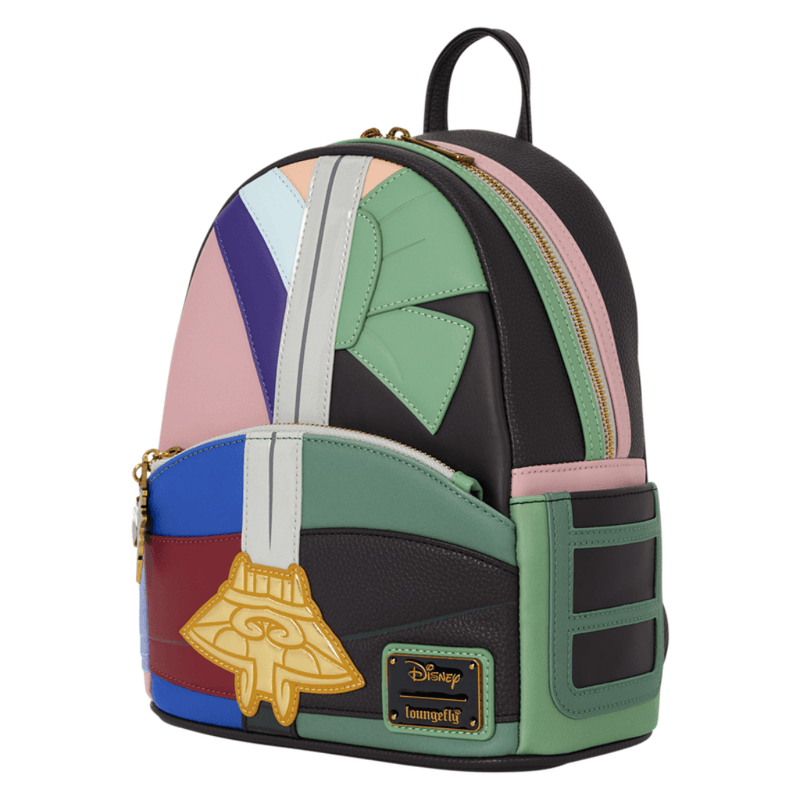 Angled view of the Loungefly Mulan Ping Mini Backpack with sword design