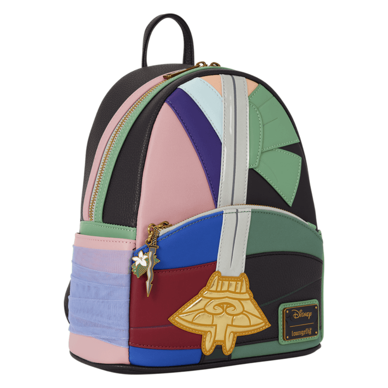 Disney Mulan Ping Loungefly Mini Backpack showing cosplay applique details