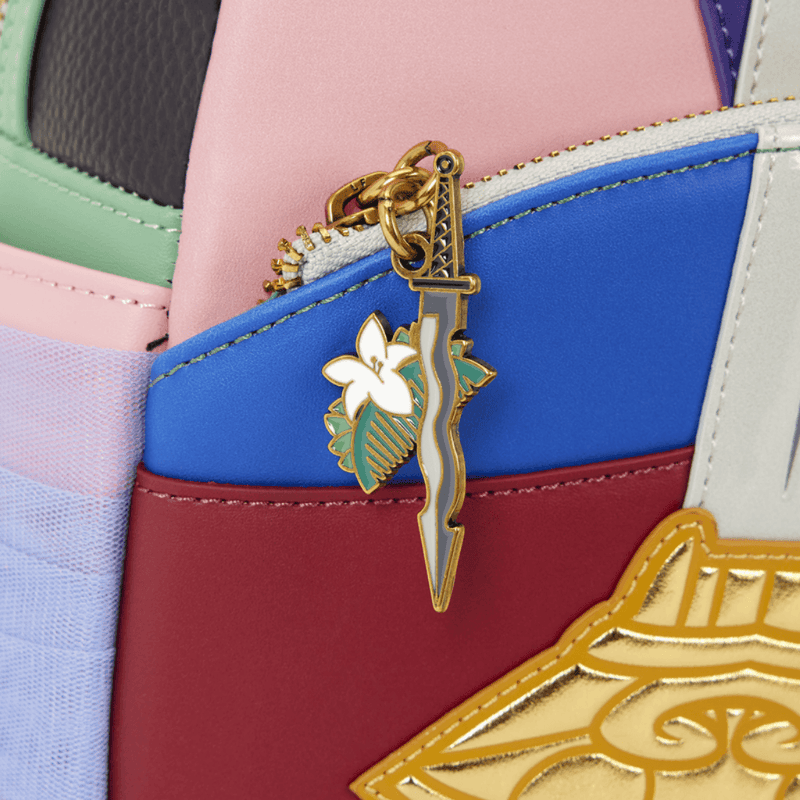 Sword and blossom enamel zipper charm on the Loungefly Mulan Ping Mini Backpack