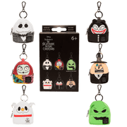Assorted Loungefly NBC mini backpack bag charms with mystery box, including Jack, Sally, Zero and Oogie Boogie.