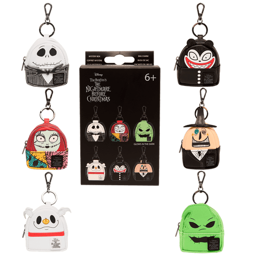 Assorted Loungefly NBC mini backpack bag charms with mystery box, including Jack, Sally, Zero and Oogie Boogie.