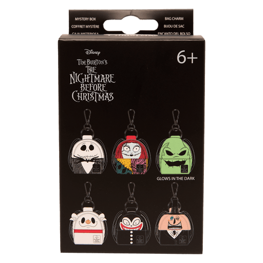 Loungefly Nightmare Before Christmas bag charm mystery box packaging showing six character designs.