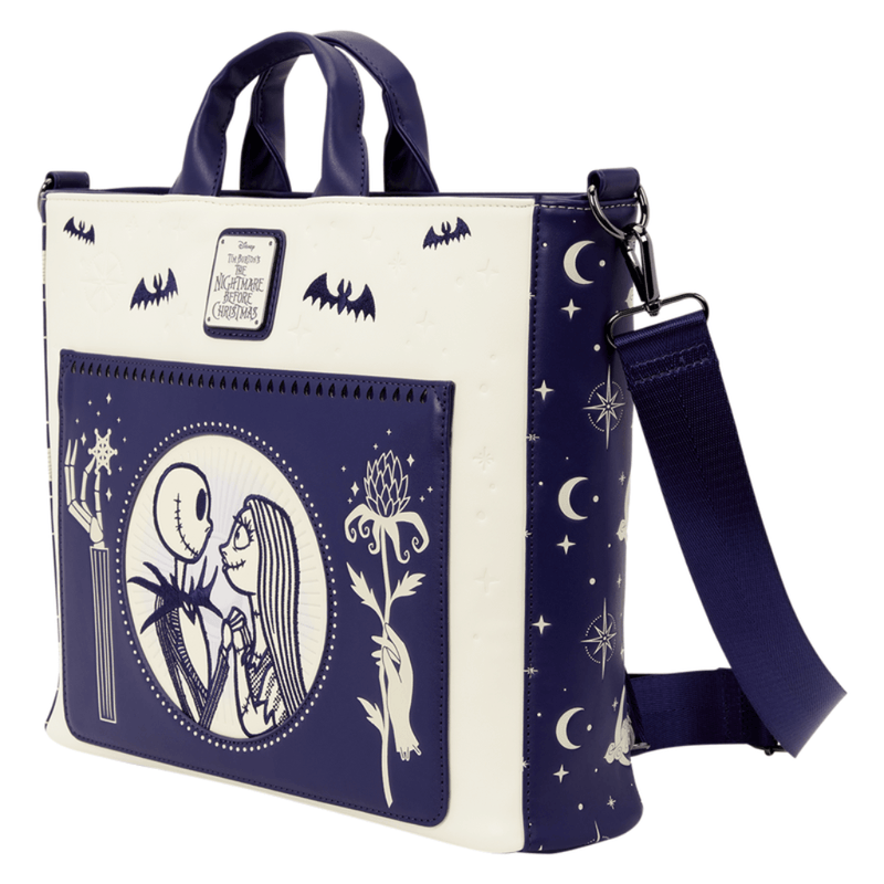 Angled view of Loungefly Nightmare Before Christmas convertible bag with adjustable shoulder strap