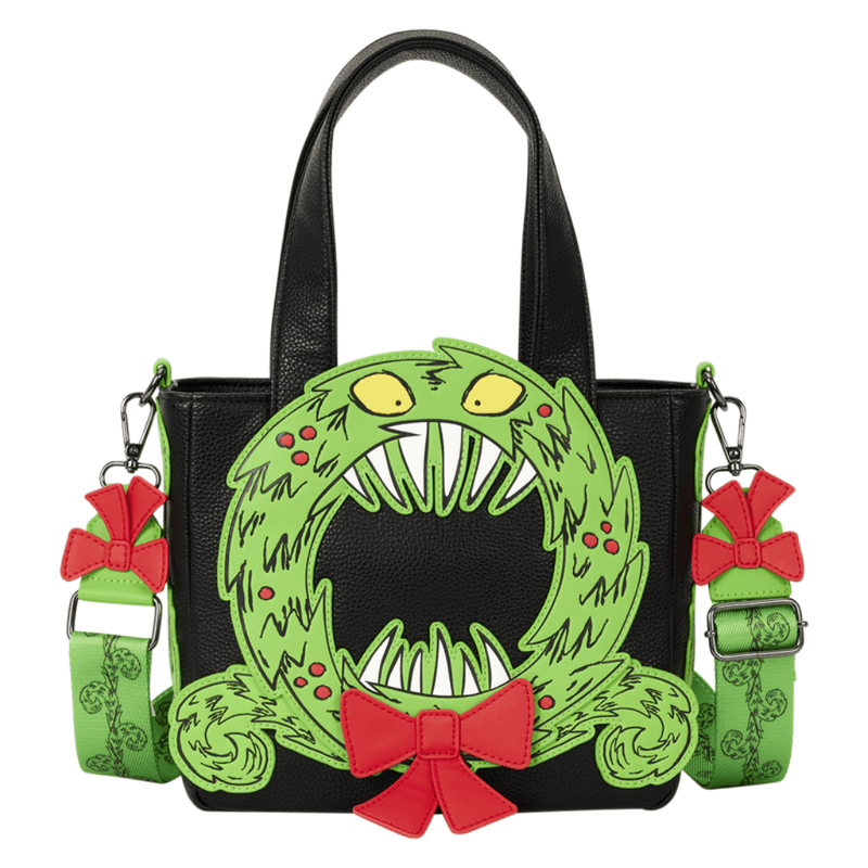 Loungefly Nightmare Before Christmas Man-Eating Wreath Glow Mini Tote with bright green toothy wreath, red bow and black exterior