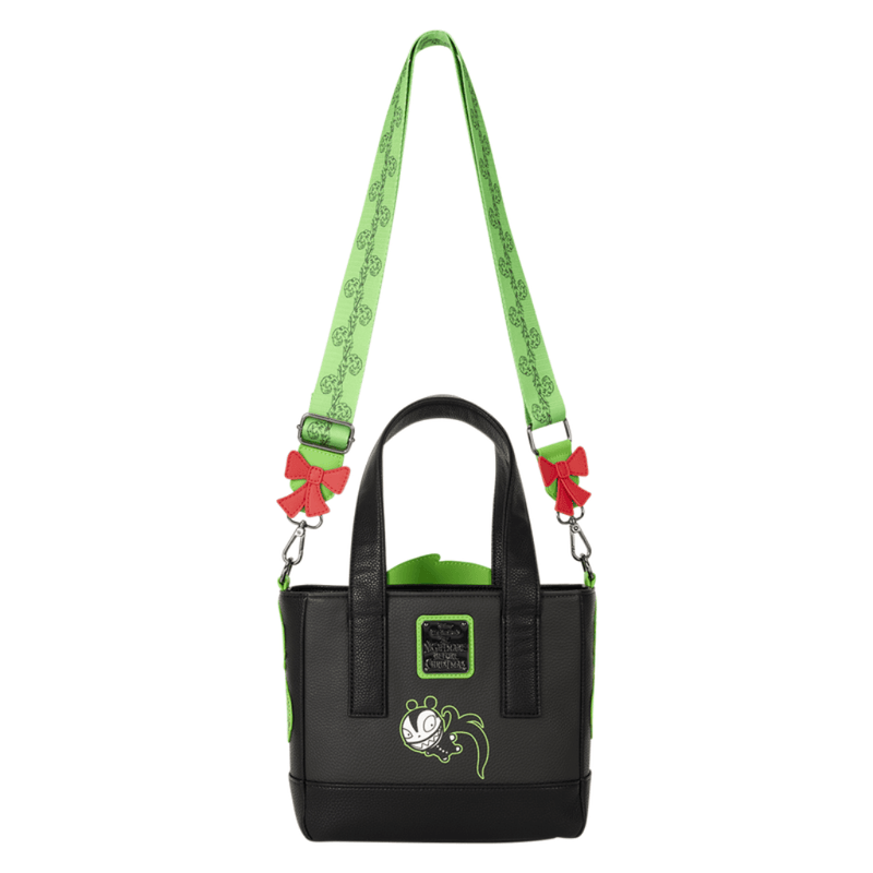Back of Loungefly Man-Eating Wreath Mini Tote showing green monstrous Christmas wreath with sharp teeth and red bow