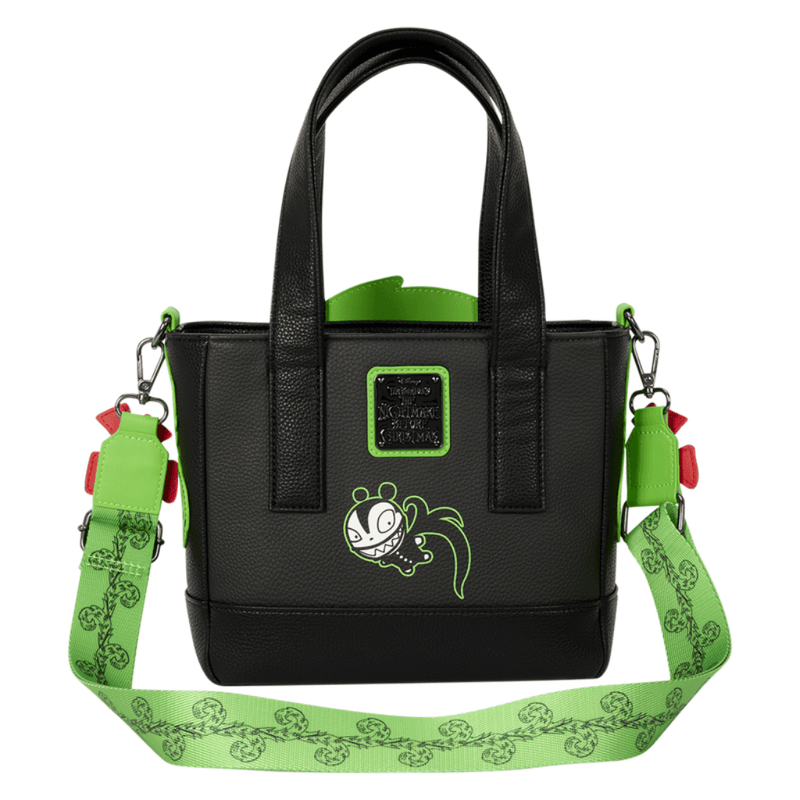 Reverse of Loungefly Nightmare Before Christmas Man-Eating Wreath Mini Tote showing Vampire Teddy, black handles and green shoulder strap