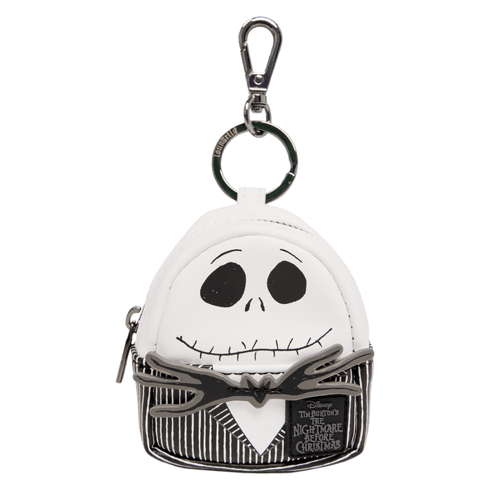 Loungefly Jack Skellington mini backpack bag charm with bat bow tie and striped suit.

Mystery box packaging