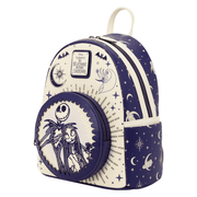 Angled view of Loungefly Nightmare Before Christmas Mini Backpack with Jack Skellington and Sally