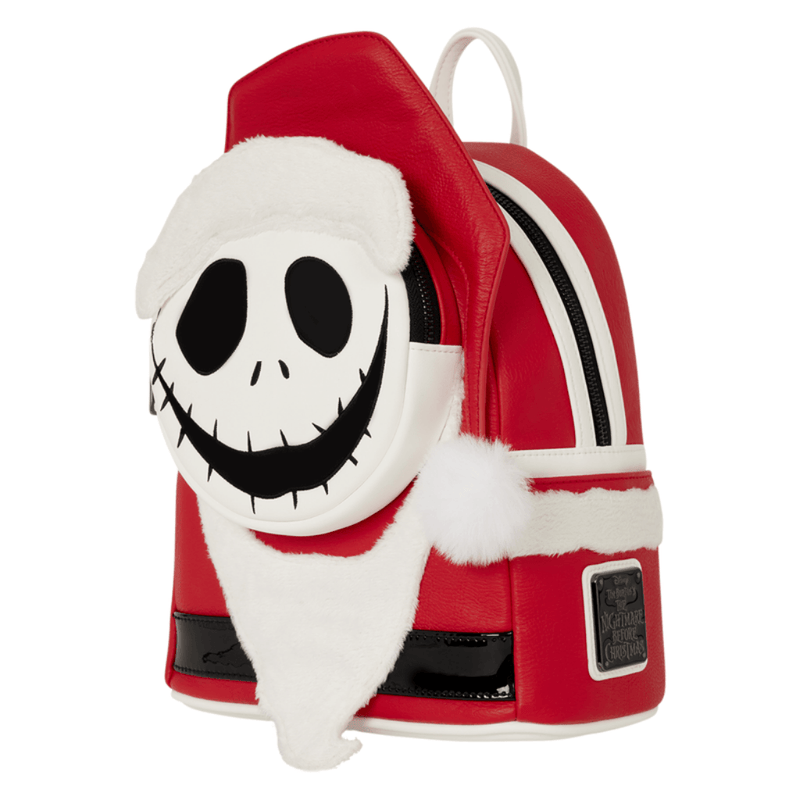 Side view of Loungefly Jack Skellington Christmas Mini Backpack showing Santa hat, red-and-white detailing and Nightmare Before Christmas logo plaque