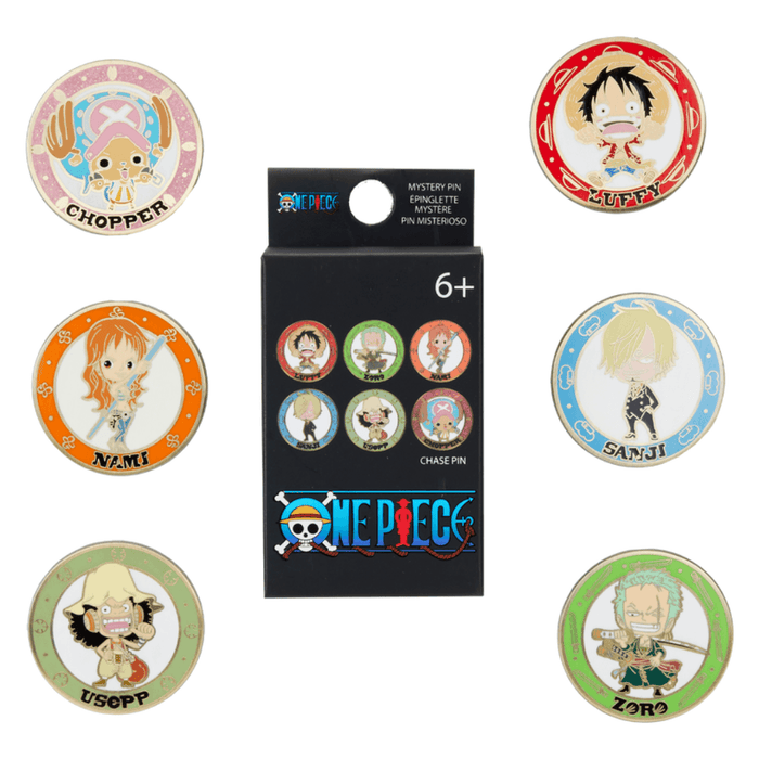 Loungefly One Piece 25th Anniversary chibi mystery box enamel pin featuring Luffy, Zoro, Nami, Sanji, Usopp and Chopper chase designs