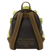 Back of Loungefly ParaNorman mini backpack with adjustable brown straps and inscription