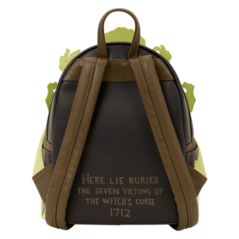 Back of Loungefly ParaNorman mini backpack with adjustable brown straps and inscription