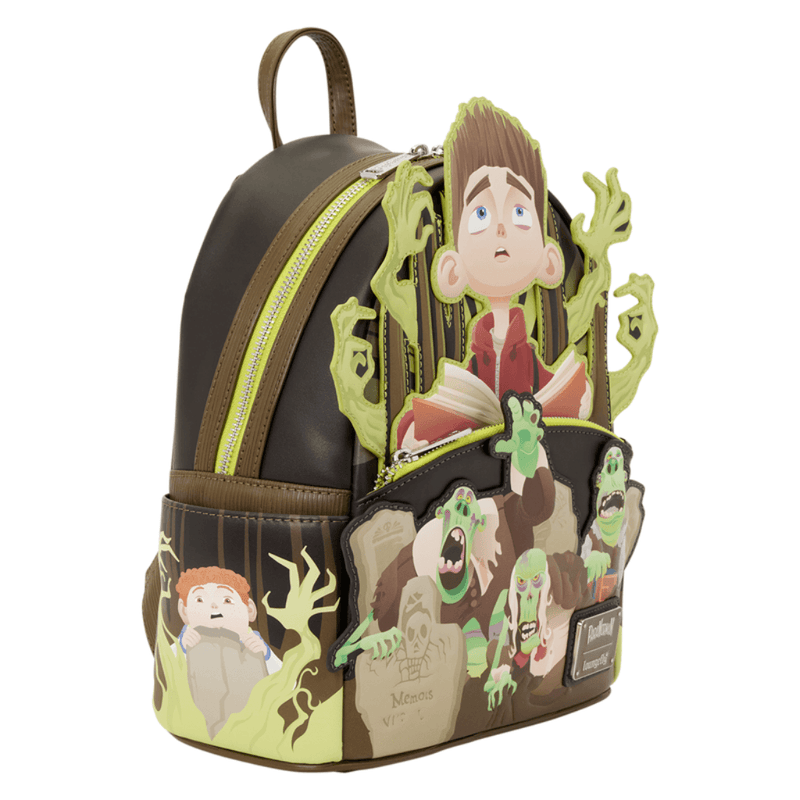 Left-side view of ParaNorman Loungefly backpack with character pocket artwork