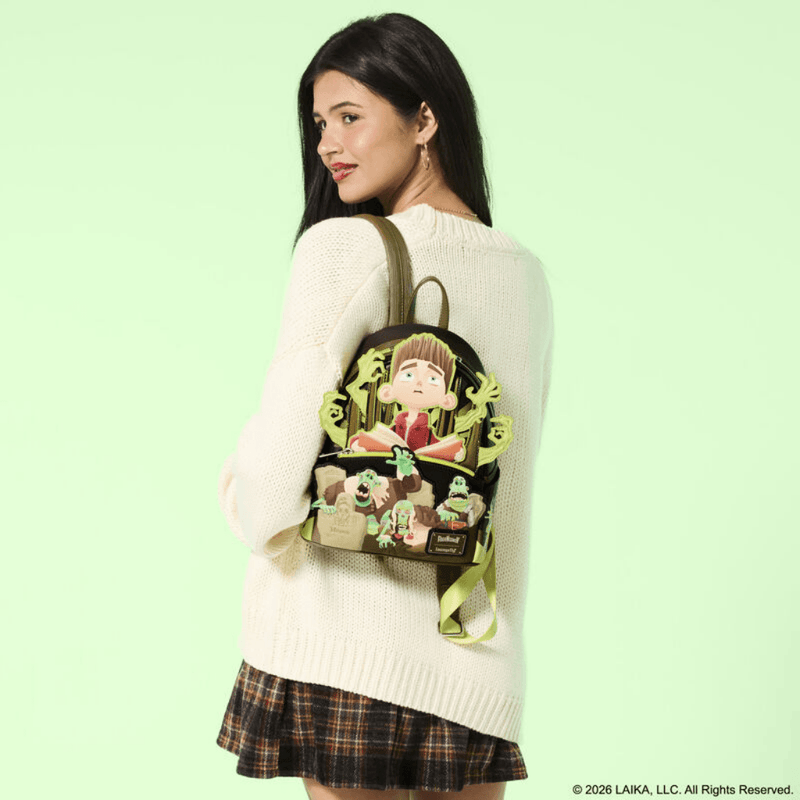 Model wearing the Loungefly ParaNorman Zombies mini backpack