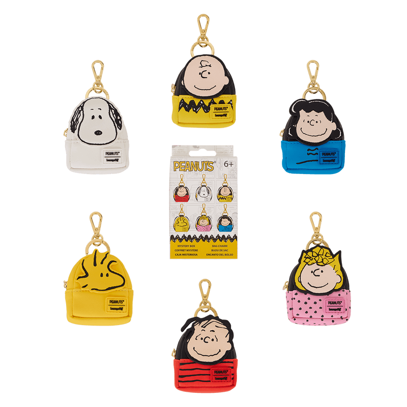 Assortment image showing multiple Peanuts character mini backpack bag charms and blind bag packaging.