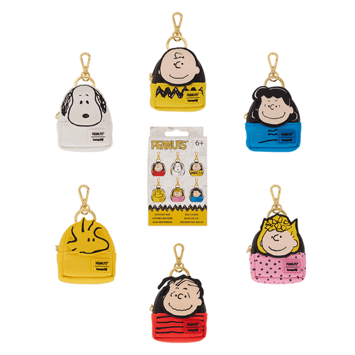 Assortment image showing multiple Peanuts character mini backpack bag charms and blind bag packaging.