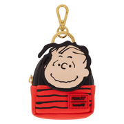 Linus mini backpack bag charm with red striped shirt and Peanuts x Loungefly badge.