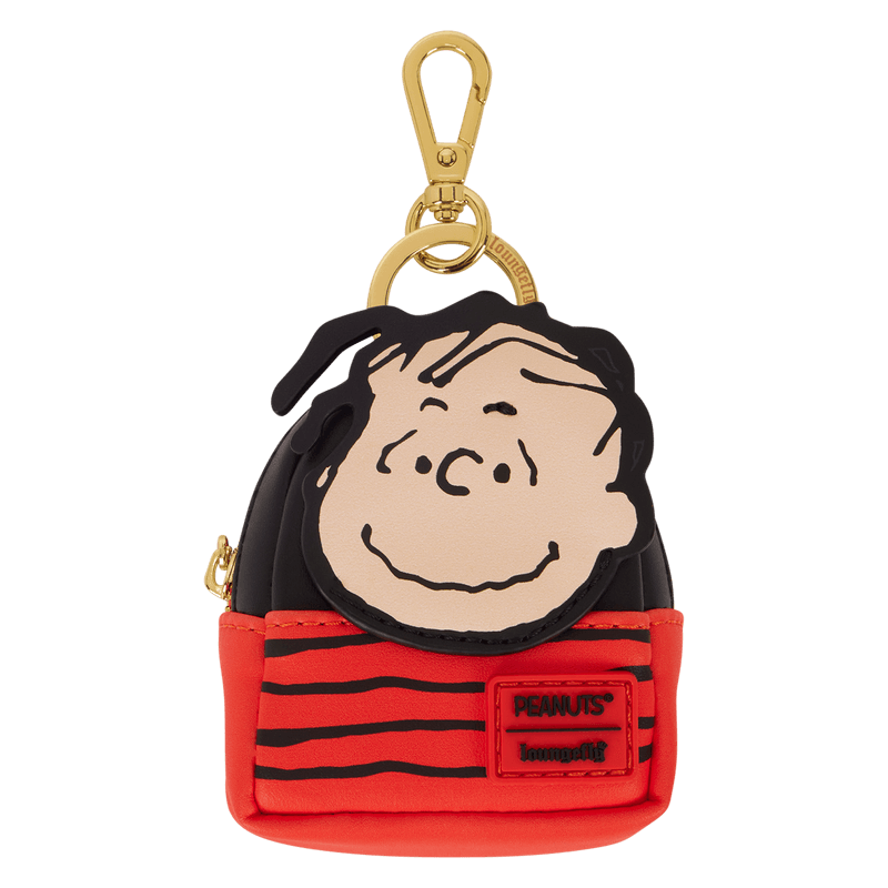 Linus mini backpack bag charm with red striped shirt and Peanuts x Loungefly badge.