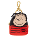 Linus mini backpack bag charm with red striped shirt and Peanuts x Loungefly badge.
