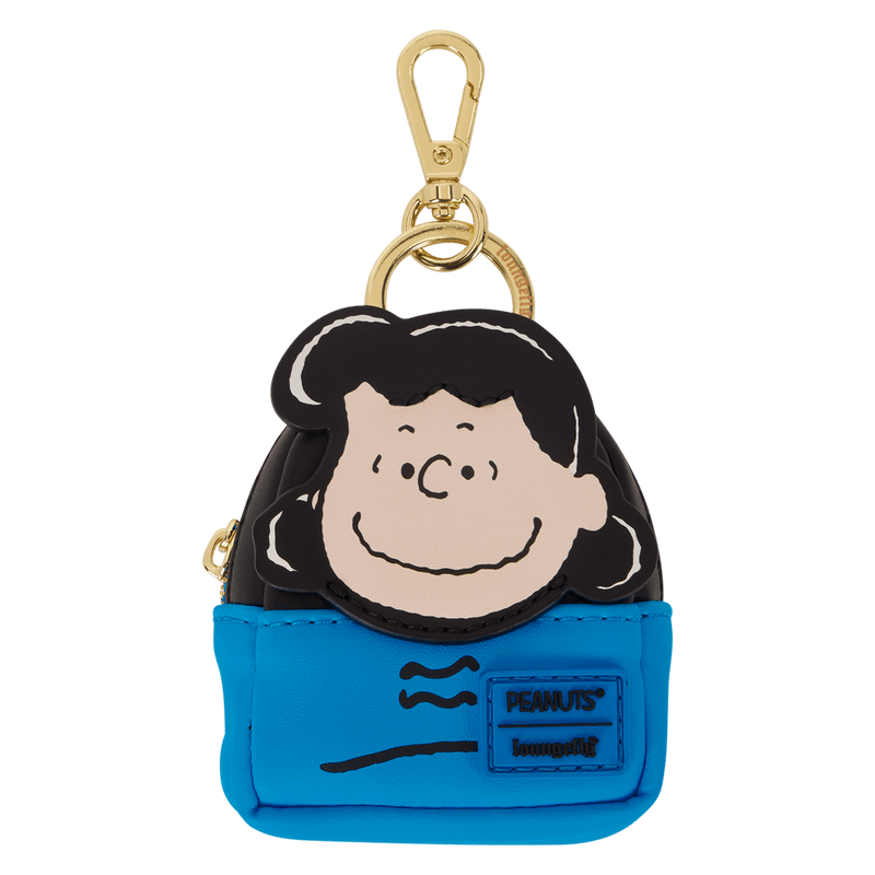 Lucy mini backpack bag charm with blue base and Peanuts x Loungefly badge.