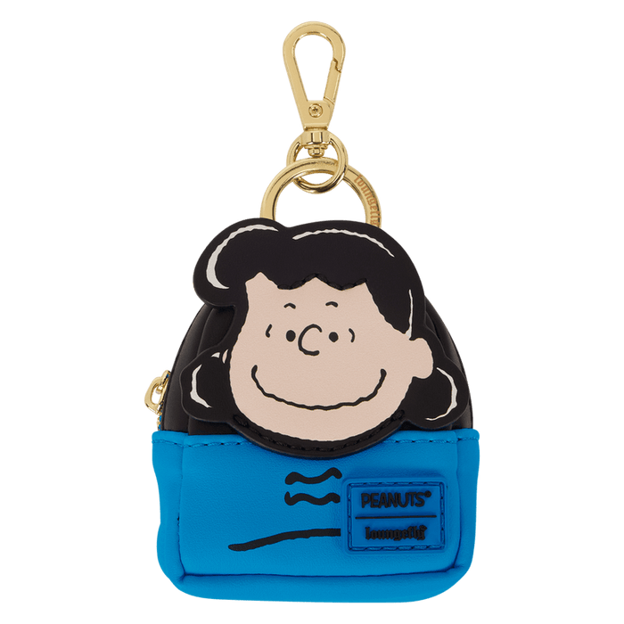 Lucy mini backpack bag charm with blue base and Peanuts x Loungefly badge.