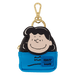 Lucy mini backpack bag charm with blue base and Peanuts x Loungefly badge.