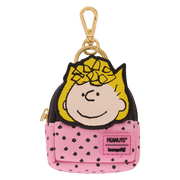 Sally mini backpack bag charm with pink polka-dot base and Peanuts x Loungefly badge.