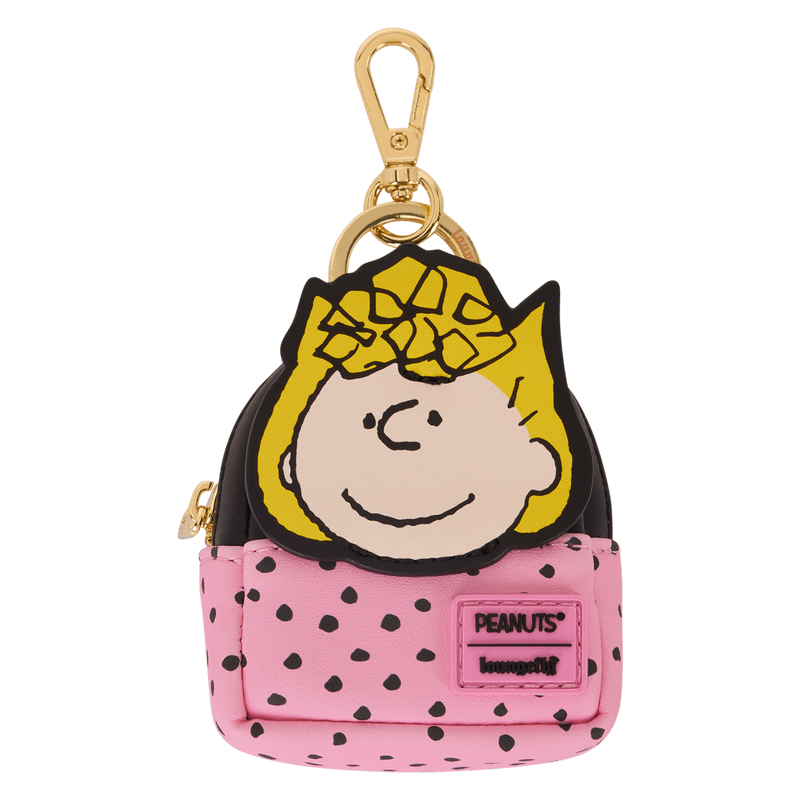 Sally mini backpack bag charm with pink polka-dot base and Peanuts x Loungefly badge.