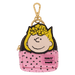 Sally mini backpack bag charm with pink polka-dot base and Peanuts x Loungefly badge.