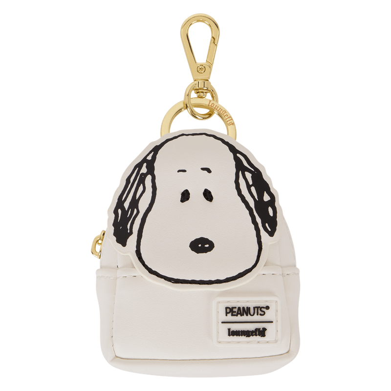 Snoopy mini backpack bag charm with Peanuts x Loungefly badge.