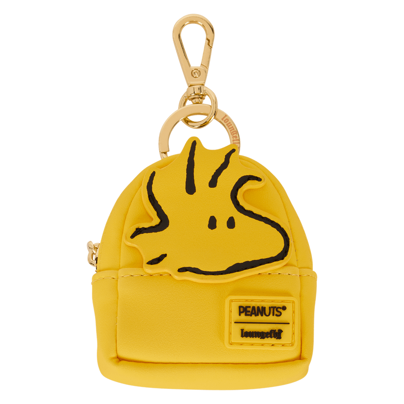 Woodstock mini backpack bag charm in bright yellow with Peanuts x Loungefly badge.