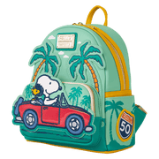 Left angle of Loungefly Peanuts Snoopy Road Trip mini backpack showing layered car and tropical scene – Loungefly bag
