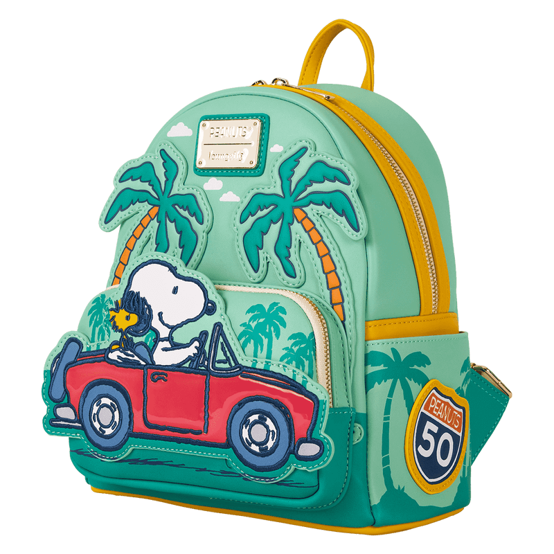 Left angle of Loungefly Peanuts Snoopy Road Trip mini backpack showing layered car and tropical scene – Loungefly bag
