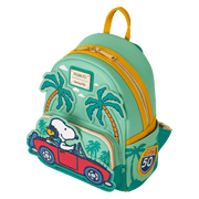 Top-down angle of Loungefly Peanuts Snoopy Road Trip mini backpack highlighting yellow zip and teal straps – Loungefly backpack
