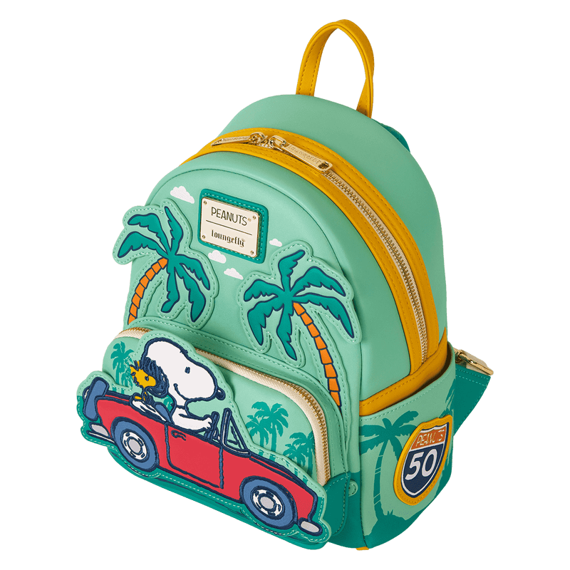 Top-down angle of Loungefly Peanuts Snoopy Road Trip mini backpack highlighting yellow zip and teal straps – Loungefly backpack
