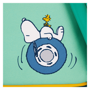 Close-up of Snoopy and Woodstock on spinning tyre printed on back panel – Loungefly bags detail
