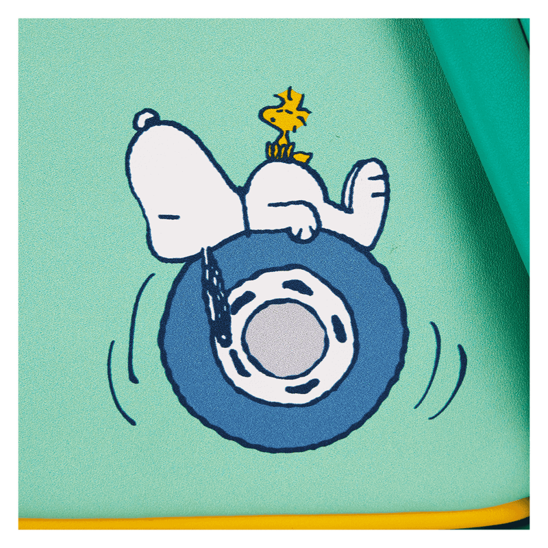 Close-up of Snoopy and Woodstock on spinning tyre printed on back panel – Loungefly bags detail
