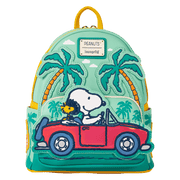 Front view of Loungefly Peanuts Snoopy Road Trip mini backpack with red car appliqué, palm trees and teal base – Loungefly backpack
