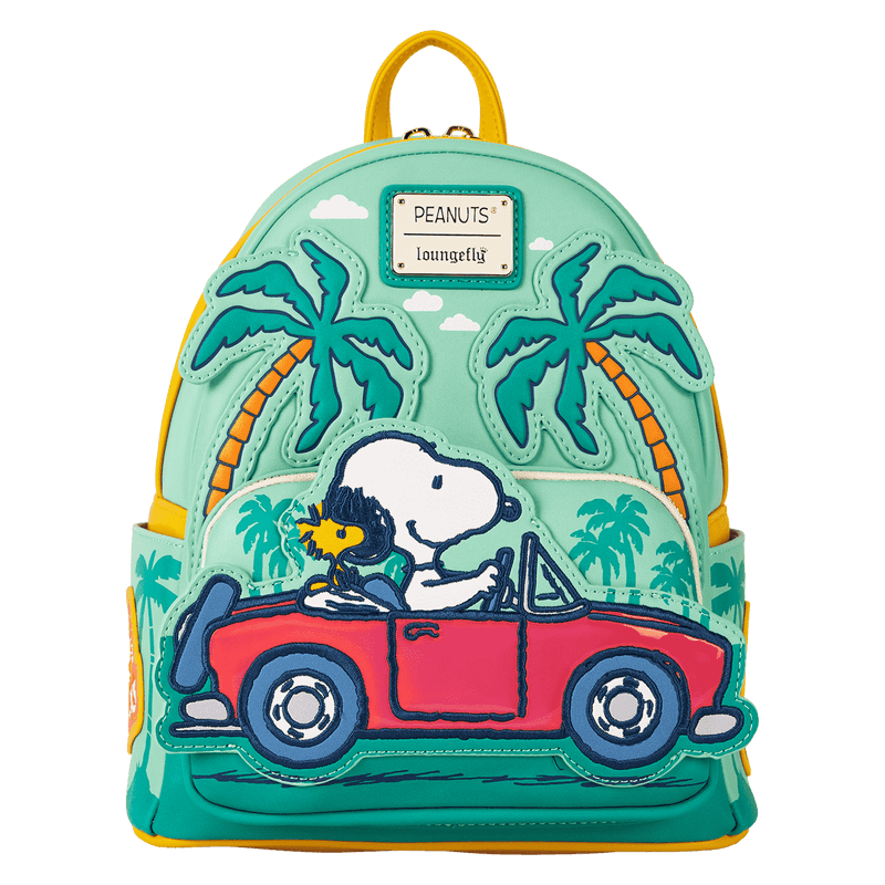 Front view of Loungefly Peanuts Snoopy Road Trip mini backpack with red car appliqué, palm trees and teal base – Loungefly backpack
