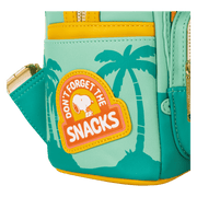 Side pocket patch on Loungefly Peanuts Snoopy Road Trip mini backpack reading “Don’t forget the snacks” – Loungefly backpack
