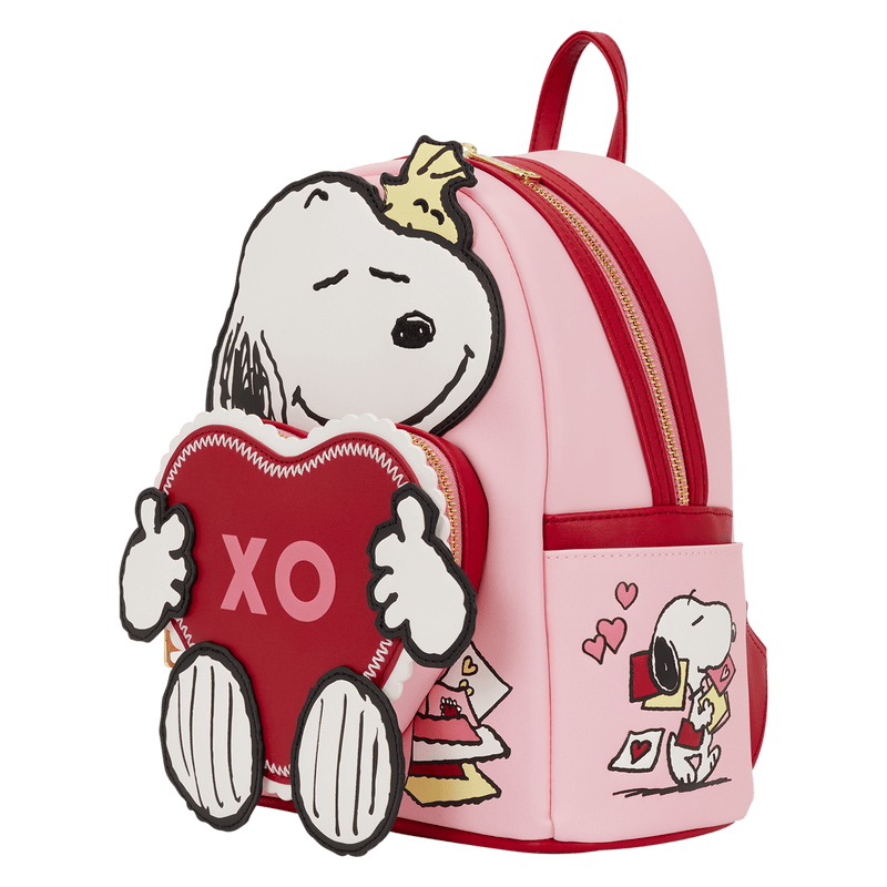 Angled view of Loungefly Peanuts Snoopy XO mini backpack showing heart side artwork and red zip detailing
