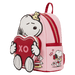 Angled view of Loungefly Peanuts Snoopy XO mini backpack showing heart side artwork and red zip detailing